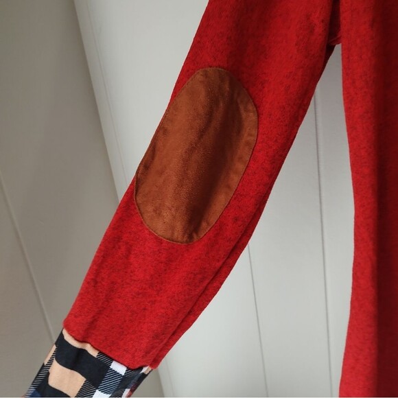 All In One Red Plaid Sweater Tunic Dress Suede Sleeve Patches. Size L - Picture 3 of 5